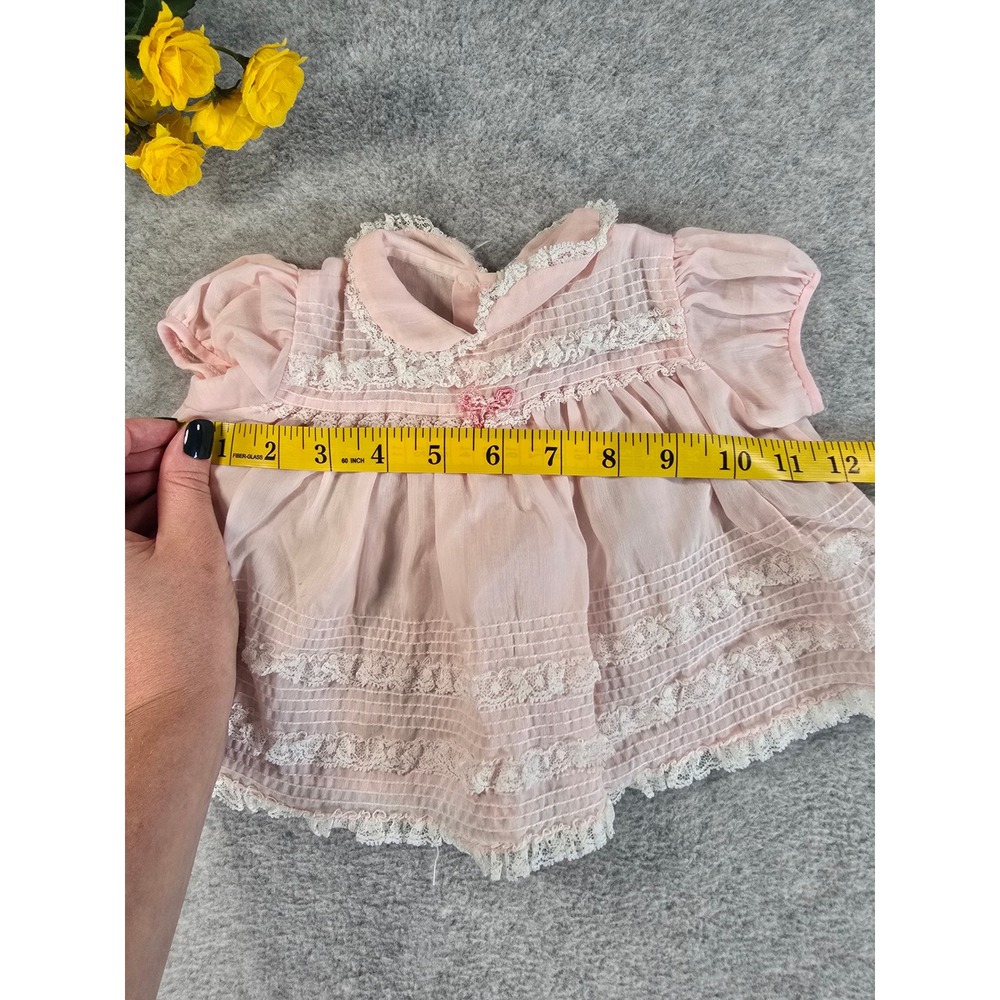 Vintage Nannette Pink Sheer Lace Pintuck Baby Dress Made in USA 1960s 0-6m - Picture 10 of 11